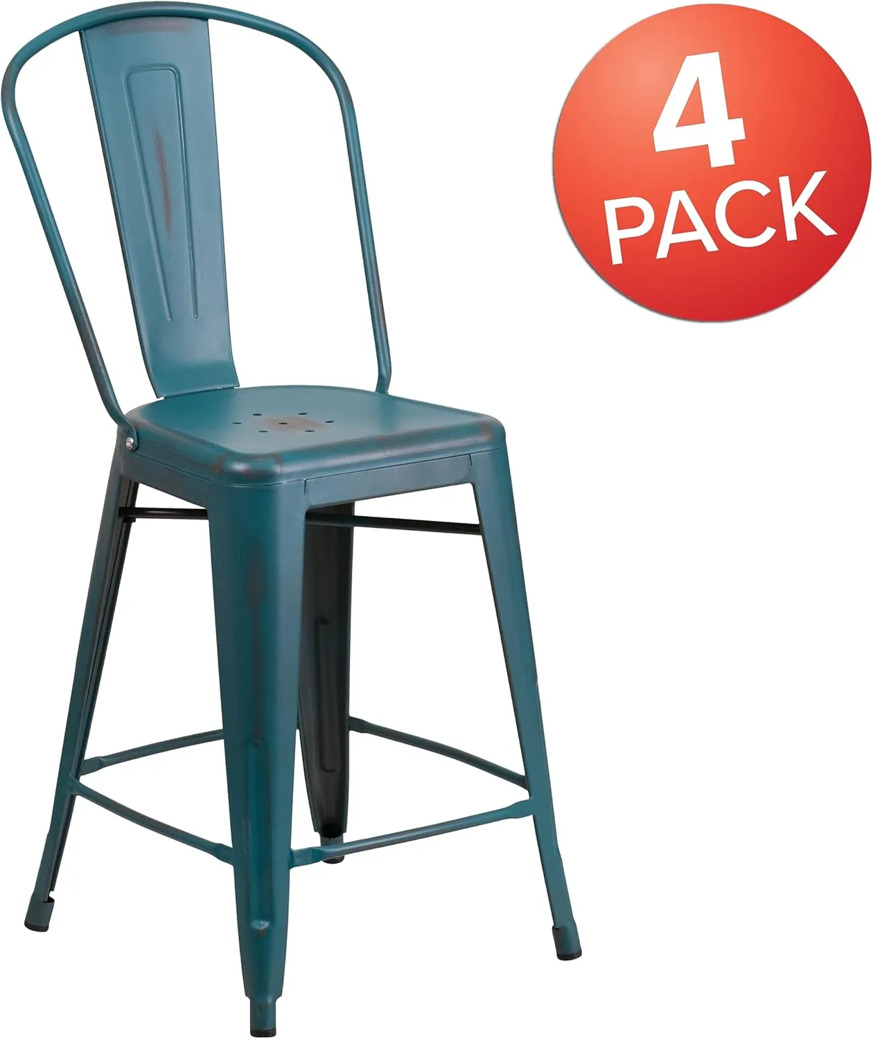 Flash Furniture Blake Commercial Grade 4 Pack 24" High Distressed Kelly Blue-Teal Metal Indoor-Outdoor Counter Height Stool with Back