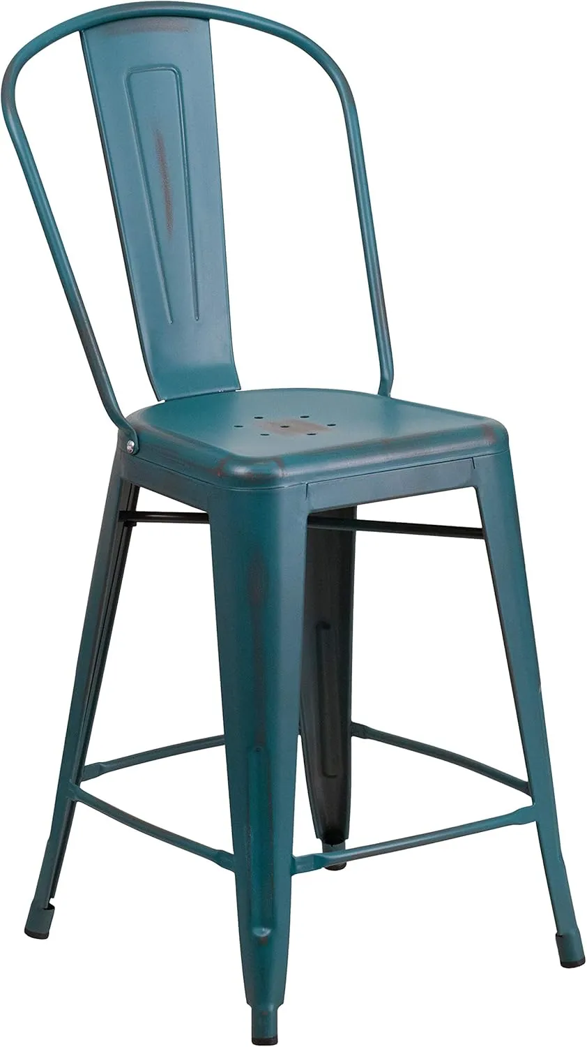 Flash Furniture Blake Commercial Grade 4 Pack 24" High Distressed Kelly Blue-Teal Metal Indoor-Outdoor Counter Height Stool with Back
