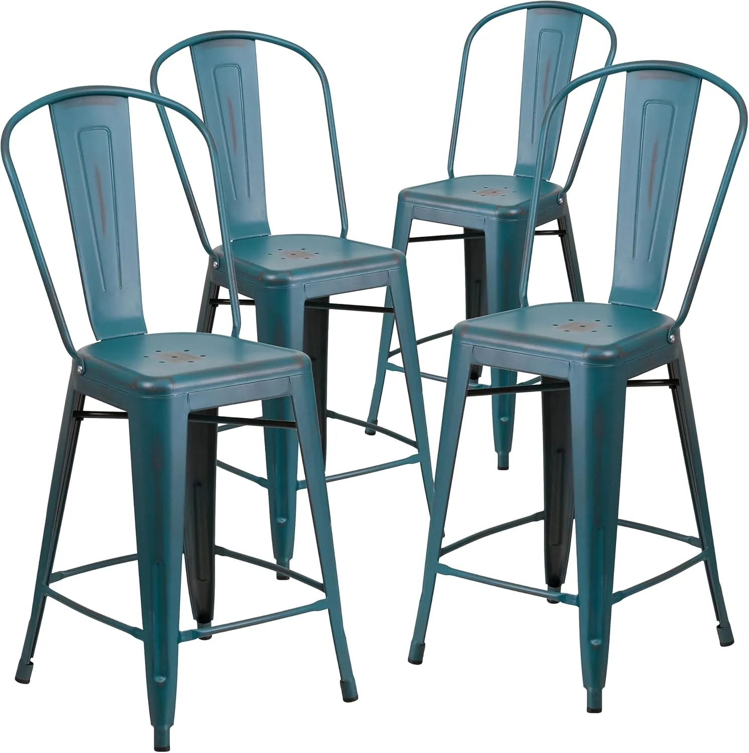 Flash Furniture Blake Commercial Grade 4 Pack 24" High Distressed Kelly Blue-Teal Metal Indoor-Outdoor Counter Height Stool with Back