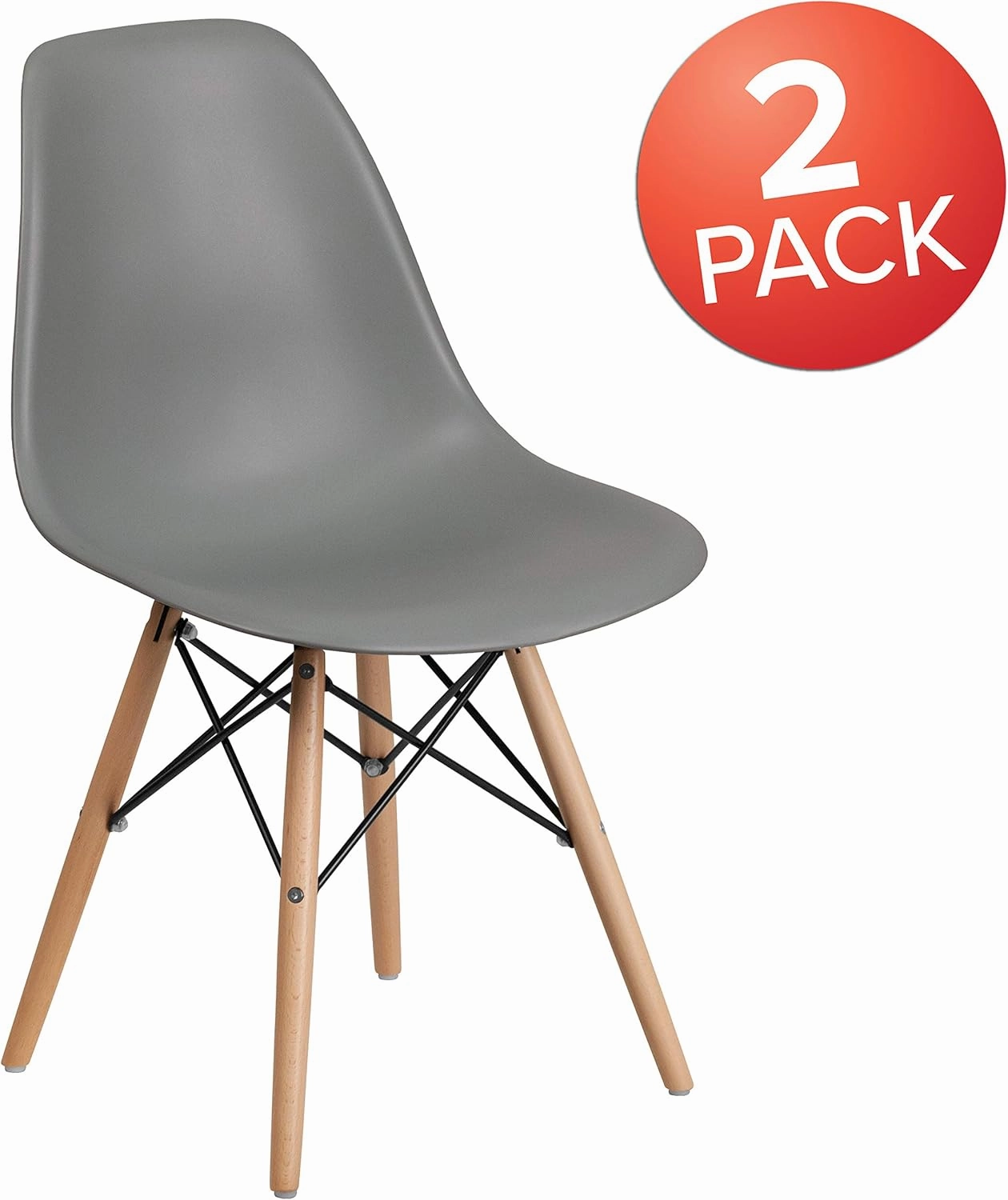 Flash Furniture 2 Pack Elon Series Moss Gray Plastic Chair with Wooden Legs for Versatile Kitchen, Dining Room, Living Room, Library or Desk Use