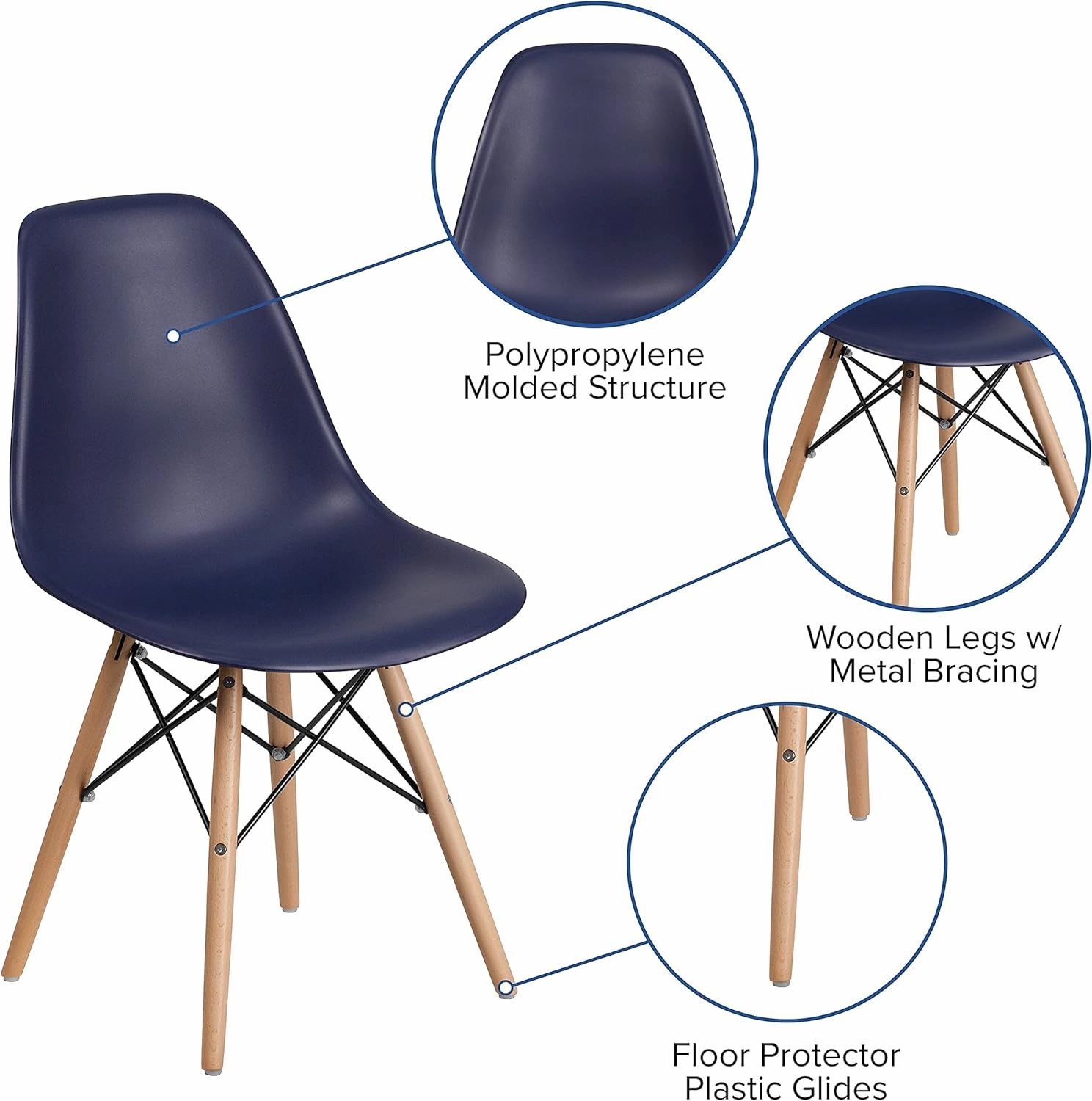 Flash Furniture 2 Pack Elon Series Navy Plastic Chair with Wooden Legs for Versatile Kitchen, Dining Room, Living Room, Library or Desk Use