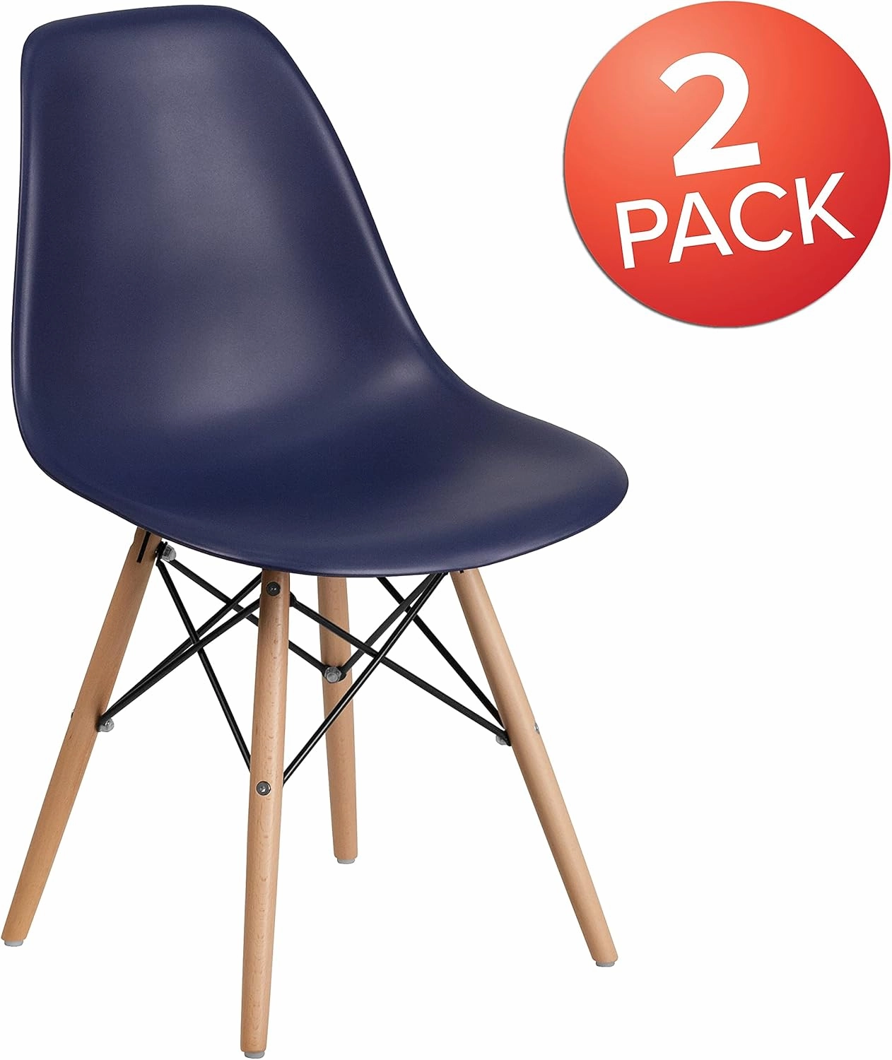 Flash Furniture 2 Pack Elon Series Navy Plastic Chair with Wooden Legs for Versatile Kitchen, Dining Room, Living Room, Library or Desk Use