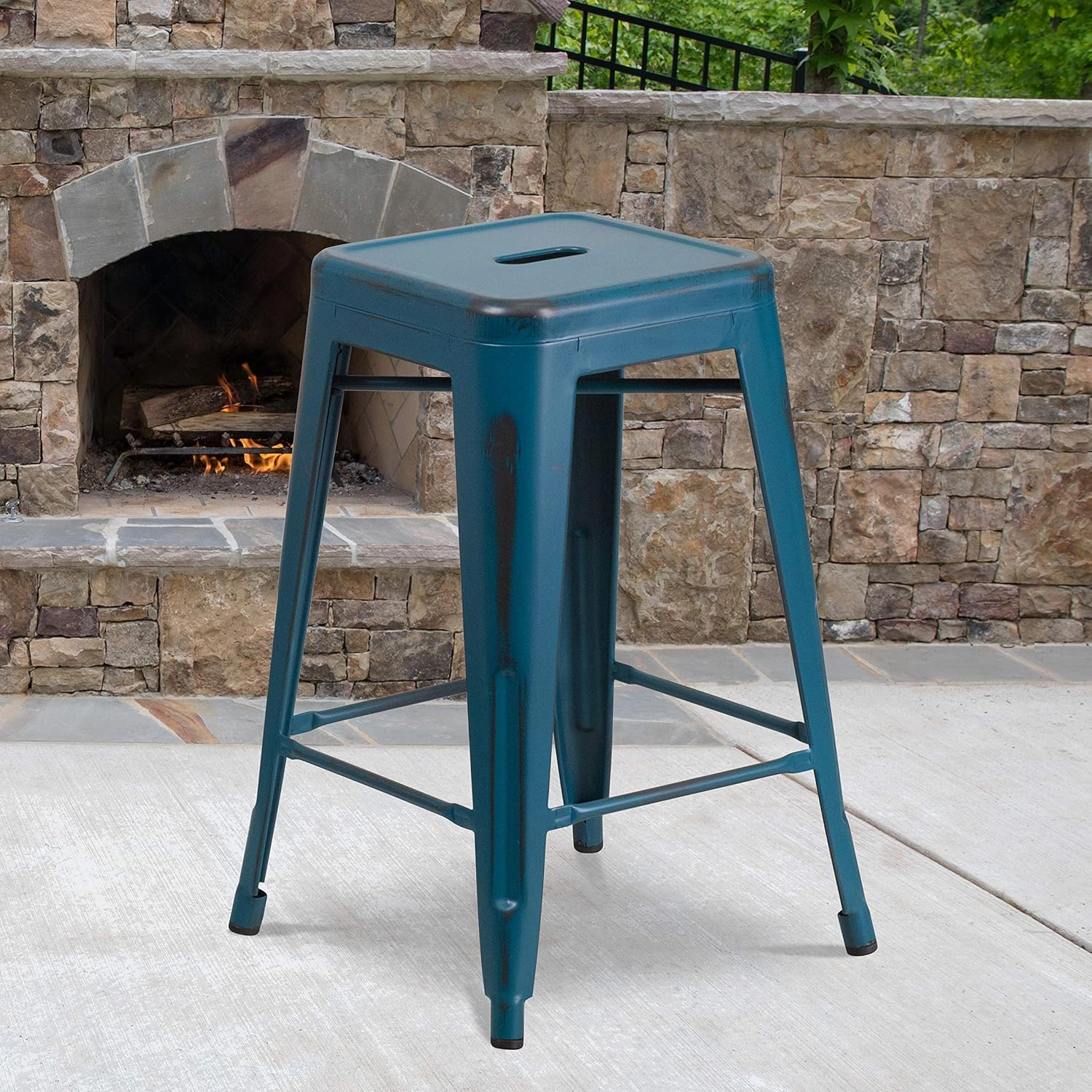 Flash Furniture Kai Commercial Grade 4 Pack 24" High Backless Distressed Antique Blue Metal Indoor-Outdoor Counter Height Stool