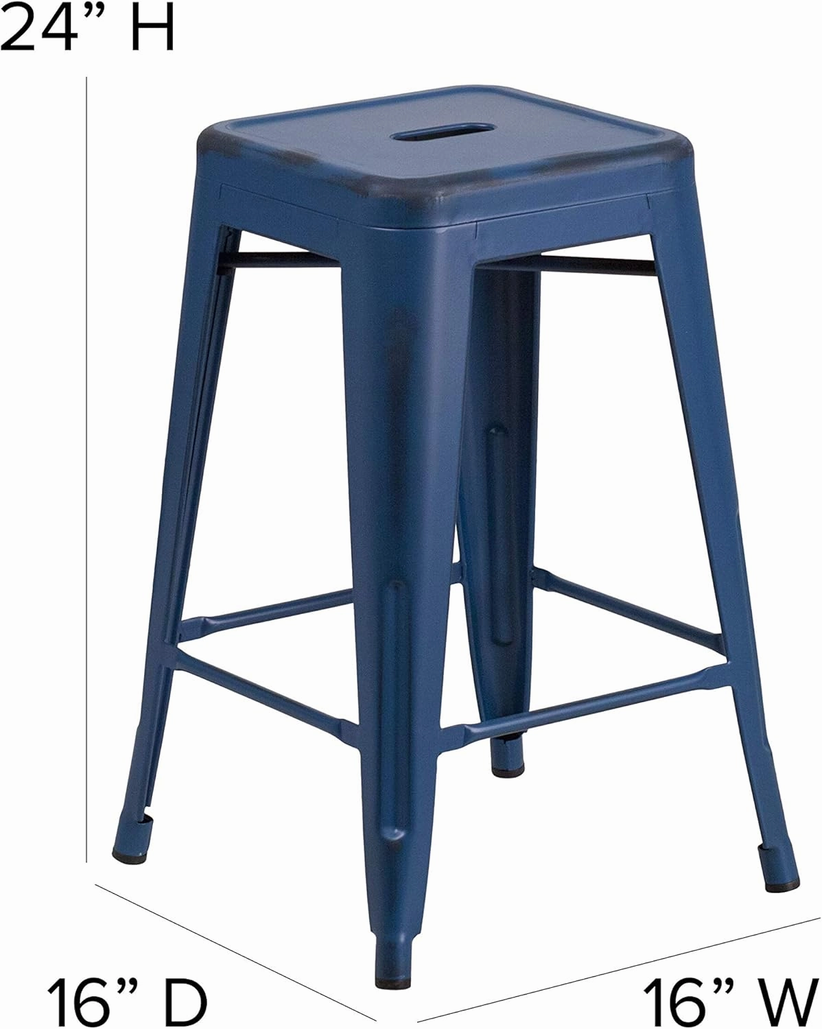 Flash Furniture Kai Commercial Grade 4 Pack 24" High Backless Distressed Antique Blue Metal Indoor-Outdoor Counter Height Stool