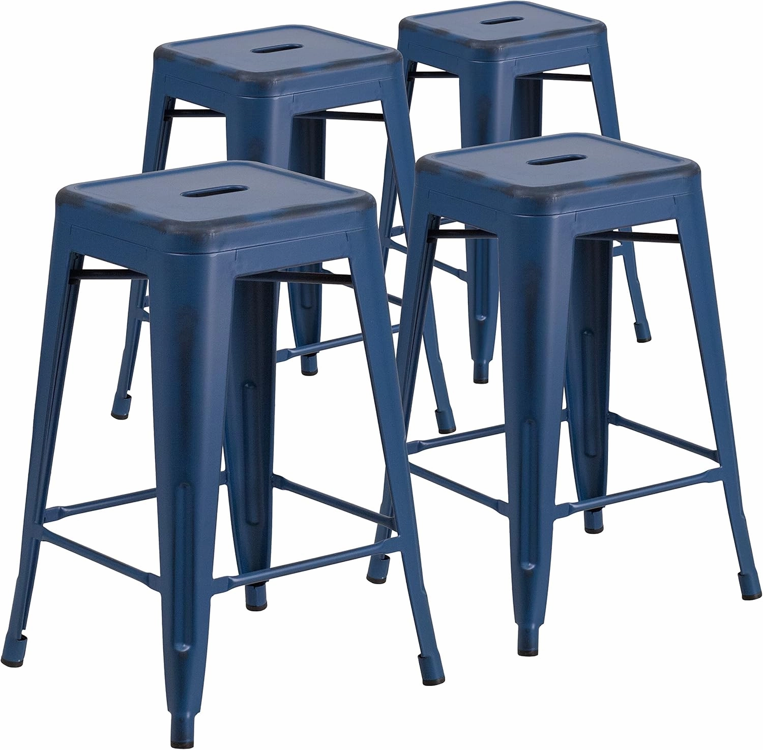 Flash Furniture Kai Commercial Grade 4 Pack 24" High Backless Distressed Antique Blue Metal Indoor-Outdoor Counter Height Stool