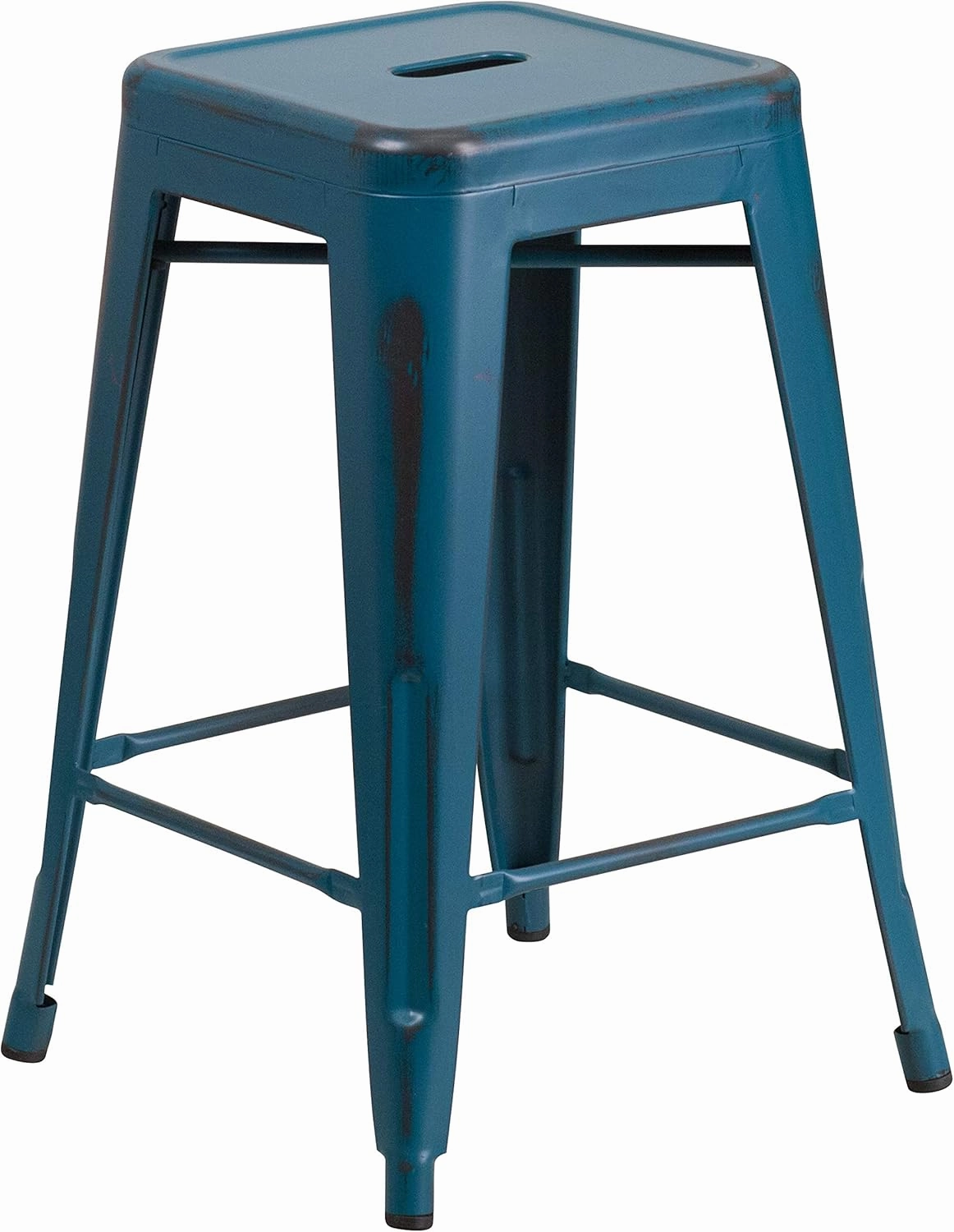 Flash Furniture Kai Commercial Grade 4 Pack 24" High Backless Distressed Antique Blue Metal Indoor-Outdoor Counter Height Stool