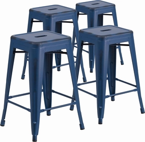 Flash Furniture Kai Commercial Grade 4 Pack 24" High Backless Distressed Antique Blue Metal Indoor-Outdoor Counter Height Stool