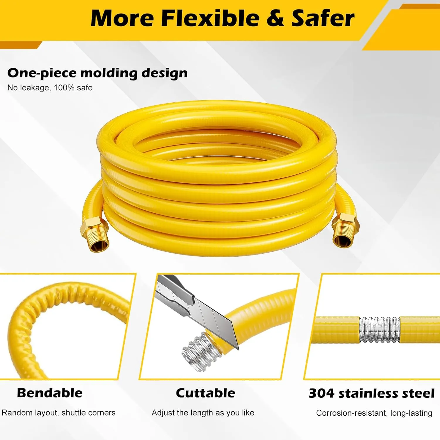Flexible 33Ft 1/2" Natural Gas Hose, CSST Corrugated Stainless Steel Tubing, Propane Gas Pipe Conversion Kit with 2 Male Adapter Fittings