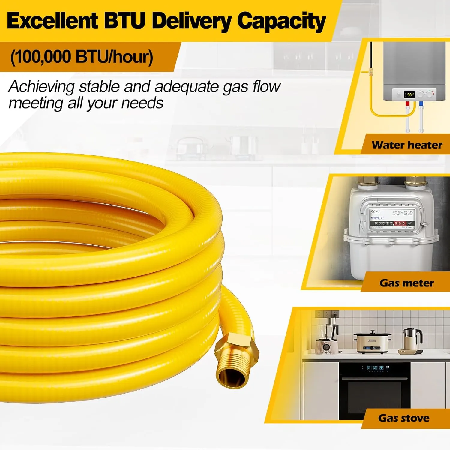 Flexible 33Ft 1/2" Natural Gas Hose, CSST Corrugated Stainless Steel Tubing, Propane Gas Pipe Conversion Kit with 2 Male Adapter Fittings