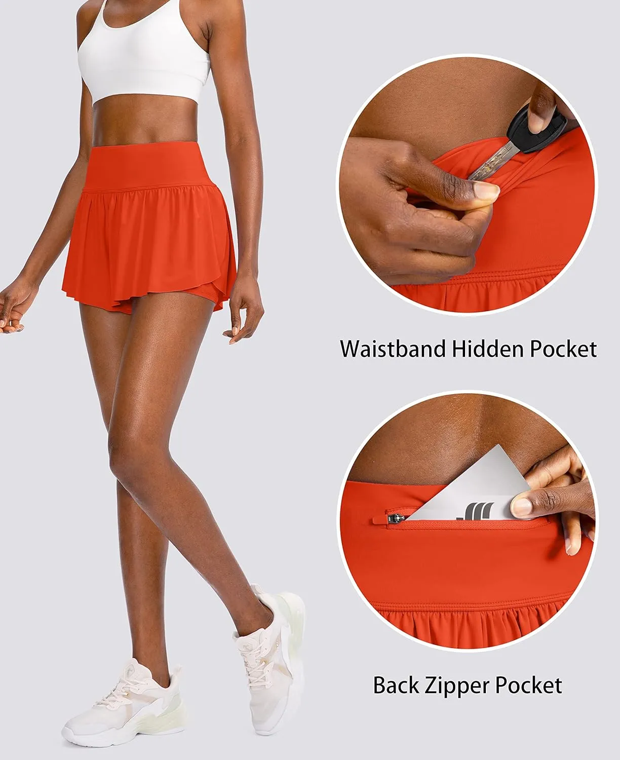 Flowy Running Shorts for Women with 4 Pockets 2 in 1 High Waisted Women's Butterfly Workout Athletic Tennis Skirt Shorts