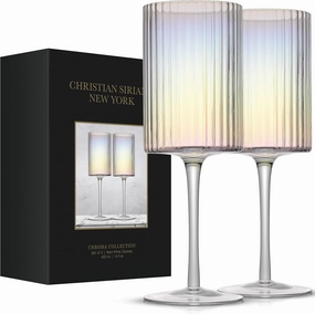 Fluted Iridescent Wine Glasses – Christian Siriano Chroma 17.5oz Red Wine Glasses Set of 2 Big Iridescent Long Stem Wine Glasses. Unique, Colorful Stemmed Red Wine Glass or Cocktail Glasses.
