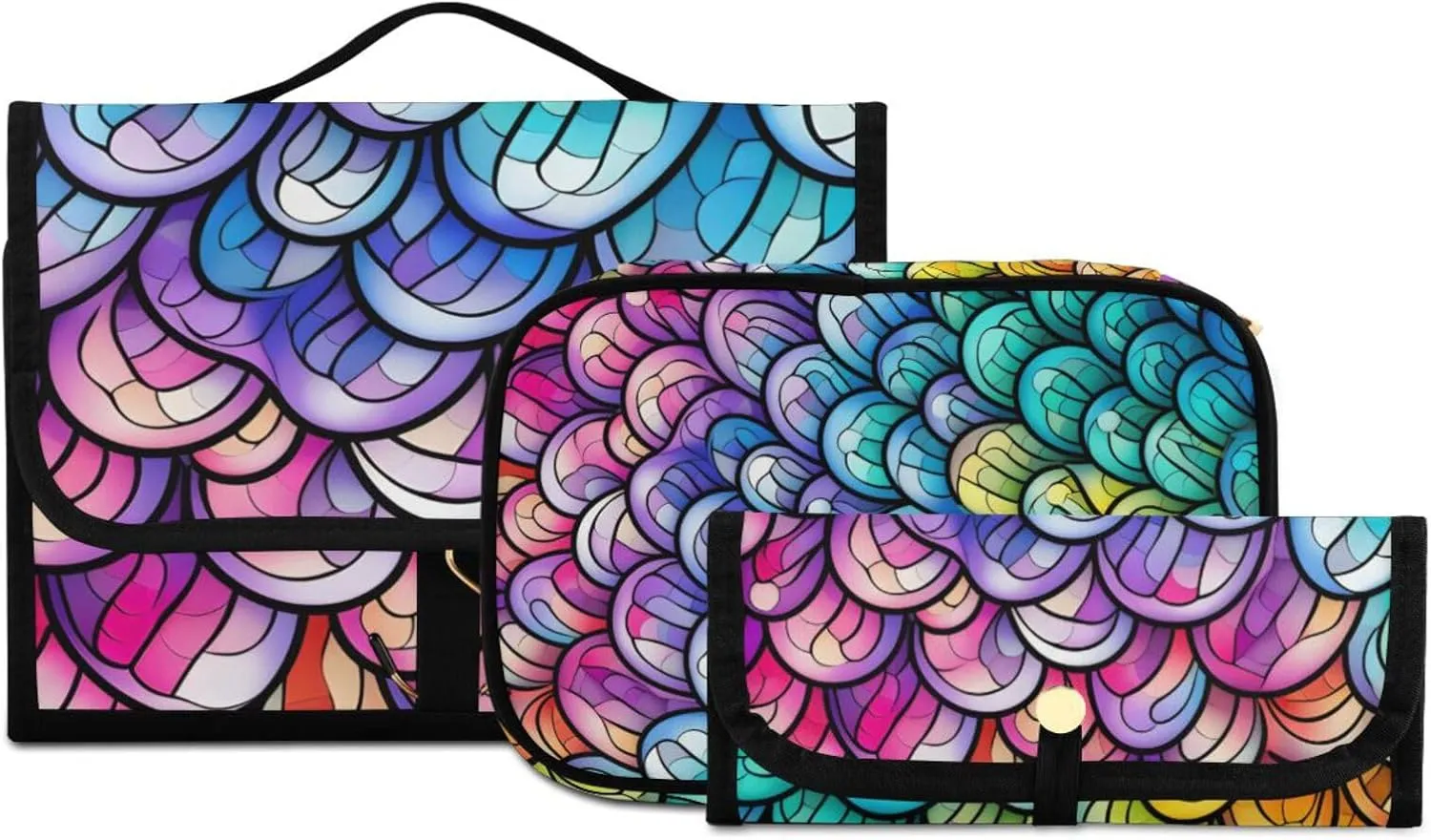 Foldable Hanging Travel Toiletry Organizer Set 3-Piece with Cosmetic Bag & Brush Holder - Colorful Dragon Scales (8)