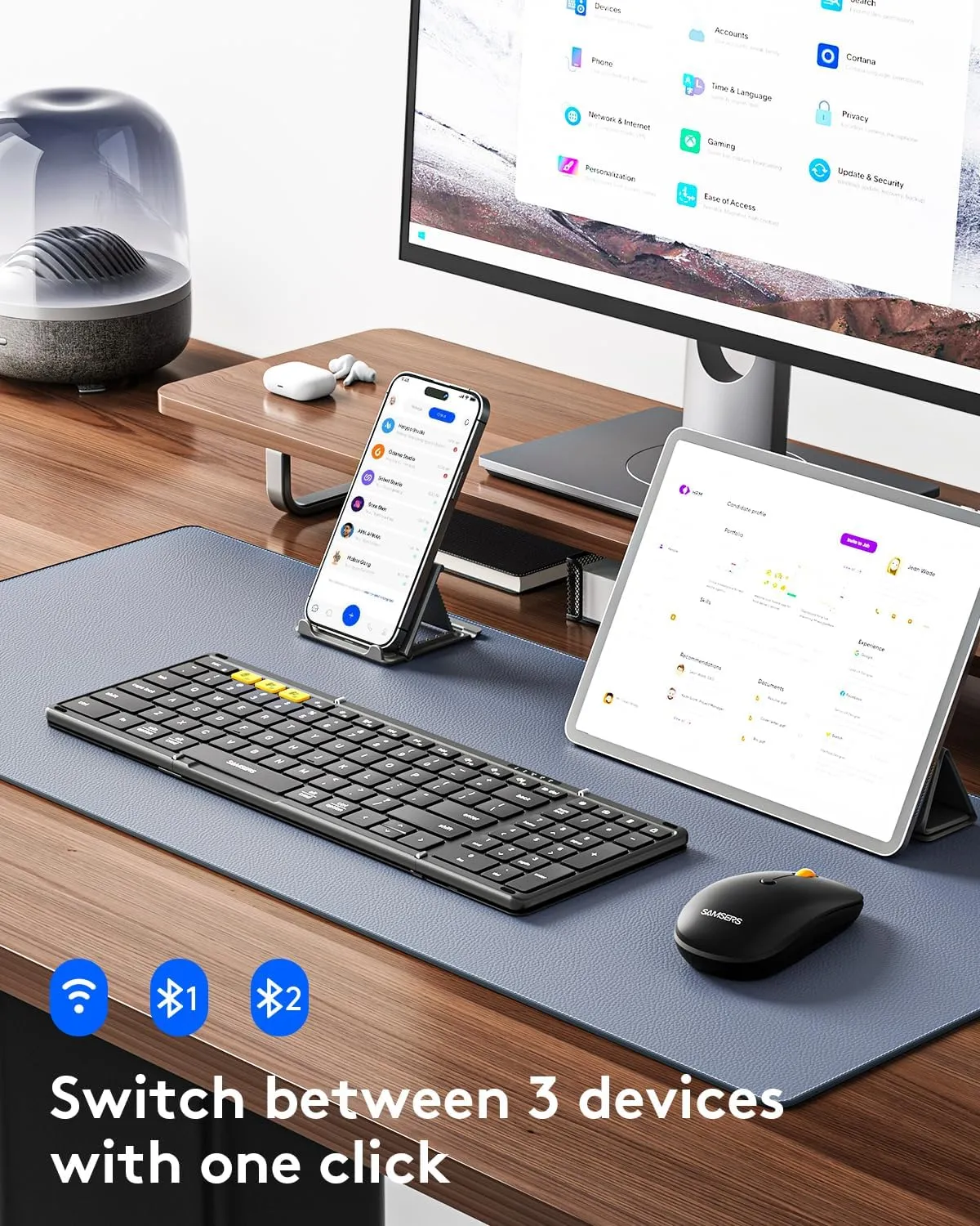 Foldable Keyboard and Mouse, Samsers Folding Bluetooth Keyboard Combo, 2.4G   BT5.0 x 2, Full-Size Portable Travel Keyboard & USB-C Rechargeable Wireless Mouse for iOS Android Windows Mac OS