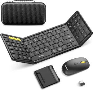 Foldable Keyboard and Mouse, Samsers Folding Bluetooth Keyboard Combo, 2.4G   BT5.0 x 2, Full-Size Portable Travel Keyboard & USB-C Rechargeable Wireless Mouse for iOS Android Windows Mac OS