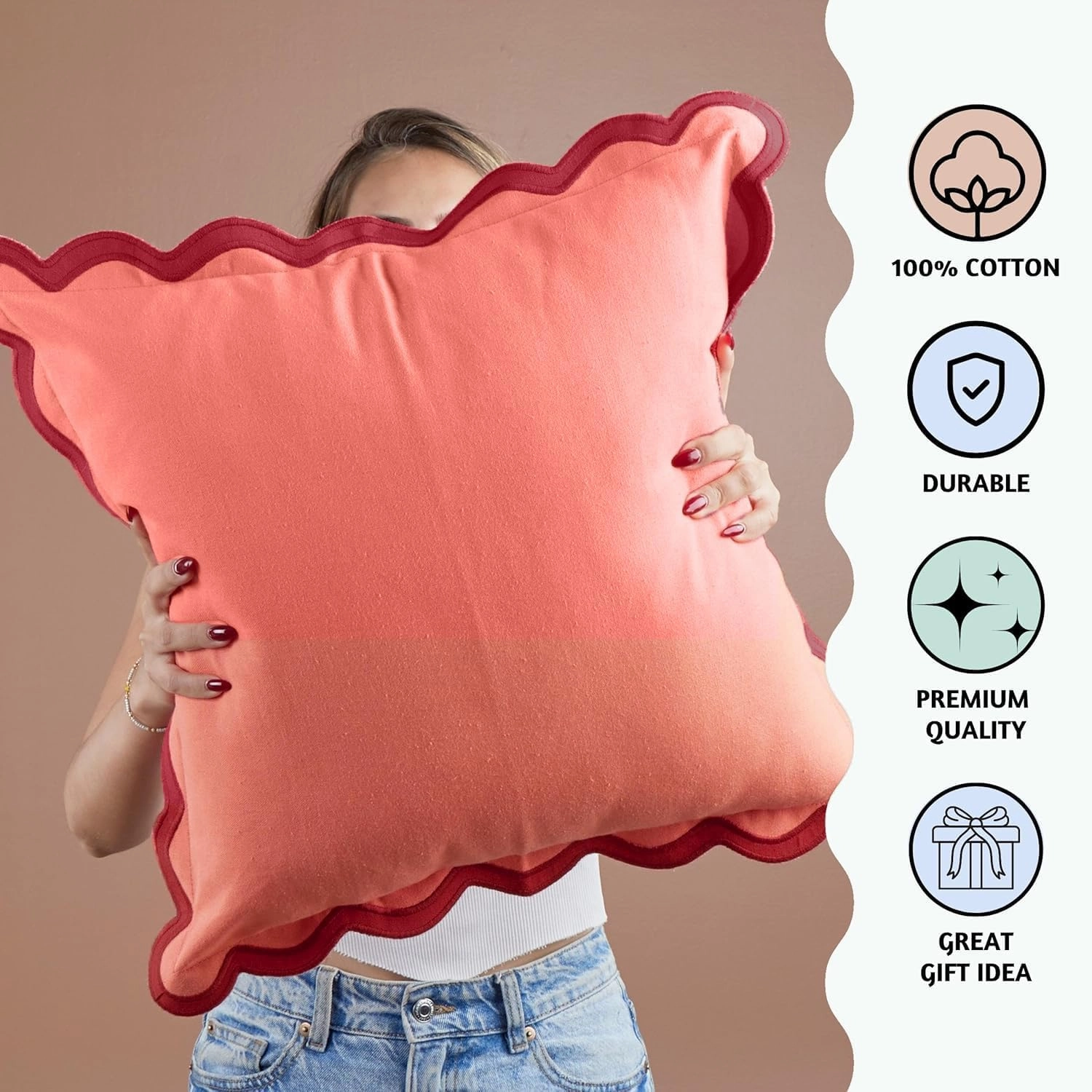 Folkulture Throw Pillows for Couch Pillows for Living Room | Set of 2 (18x18) Throw Pillow Covers | Boho Throw Pillows or Accent Pillows | Red Scalloped Pillow for Home