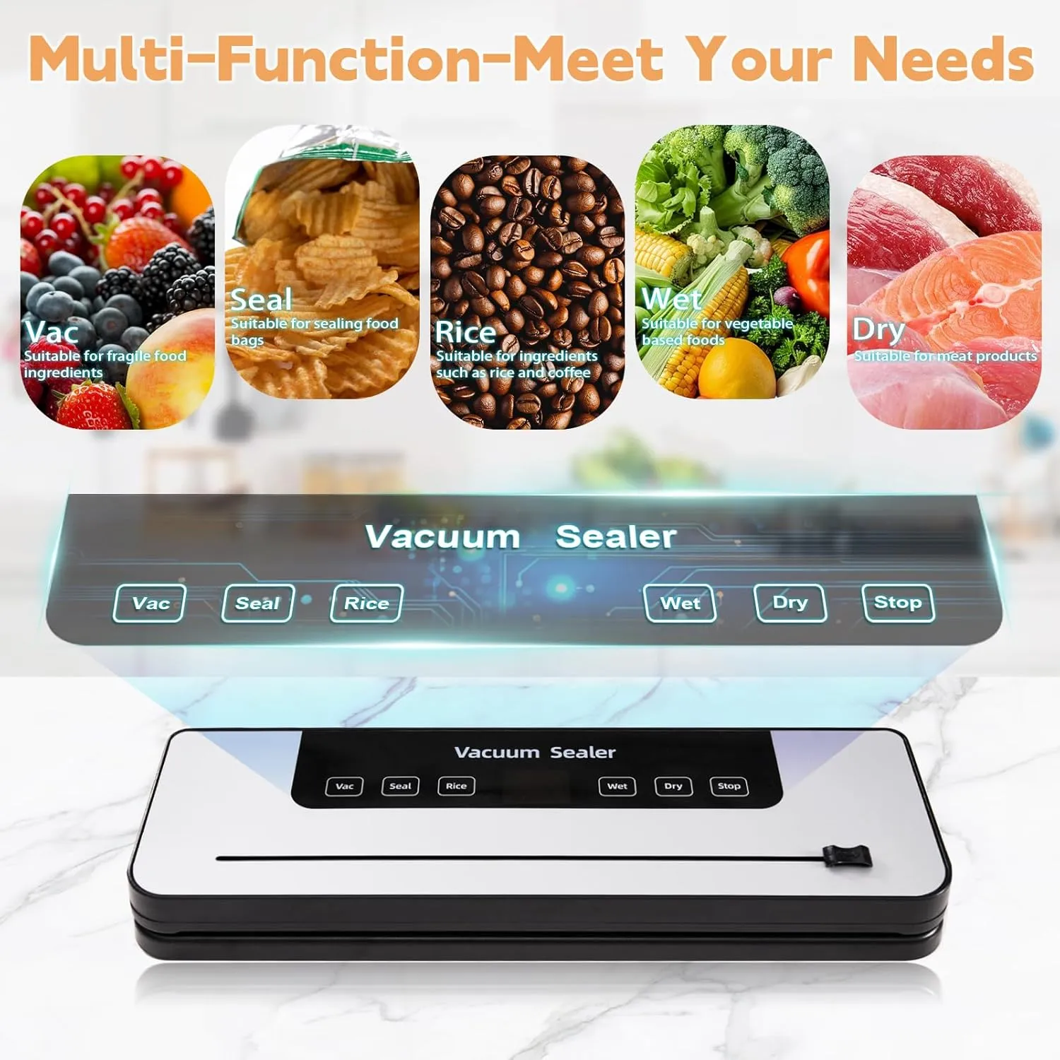 Food Saver Vacuum Sealer Machine for Fresh Food with 50 Bags,Dual Dry/Wet Modes，Built-in Cutter for Vacuum Seal Bags，Strong Suction Power，White