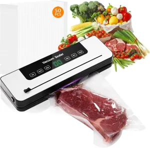 Food Saver Vacuum Sealer Machine for Fresh Food with 50 Bags,Dual Dry/Wet Modes，Built-in Cutter for Vacuum Seal Bags，Strong Suction Power，White