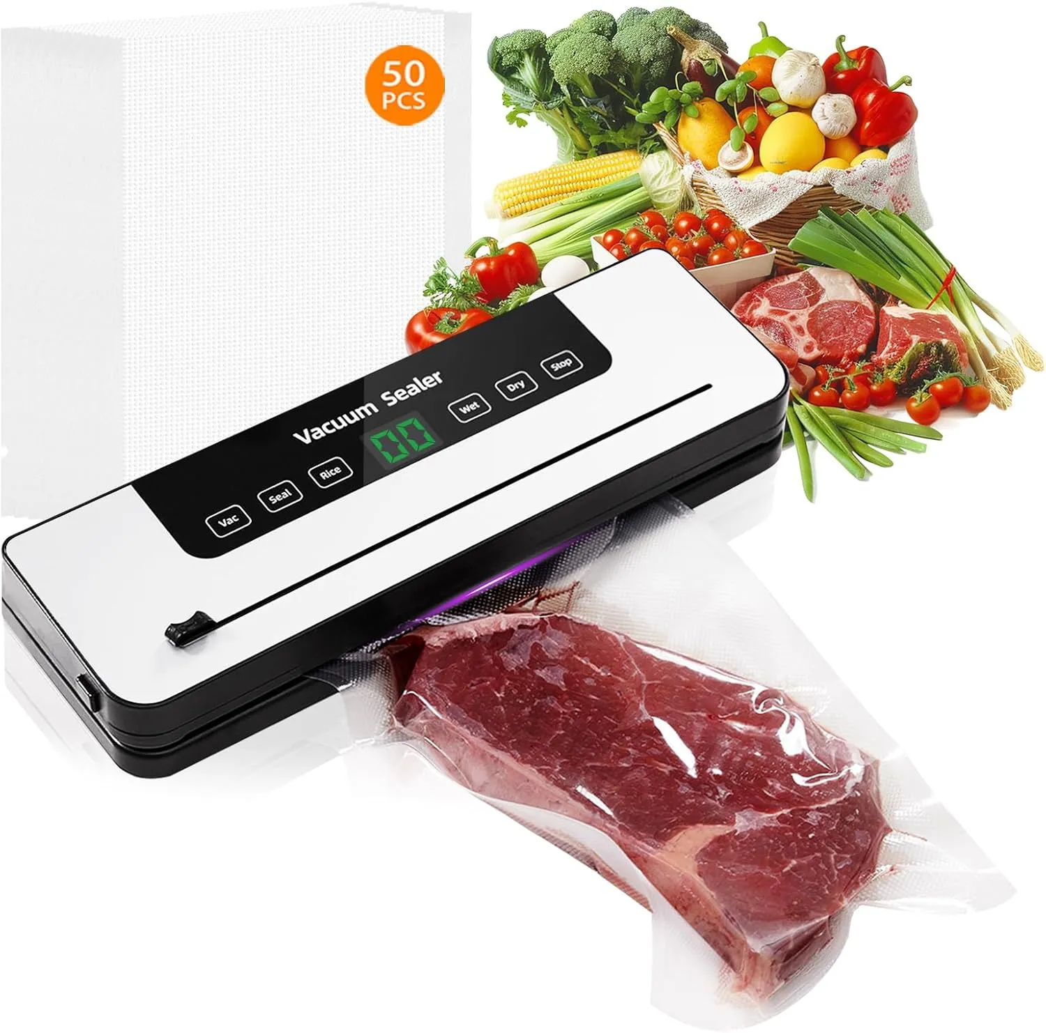 Food Saver Vacuum Sealer Machine for Fresh Food with 50 Bags,Dual Dry/Wet Modes，Built-in Cutter for Vacuum Seal Bags，Strong Suction Power，White