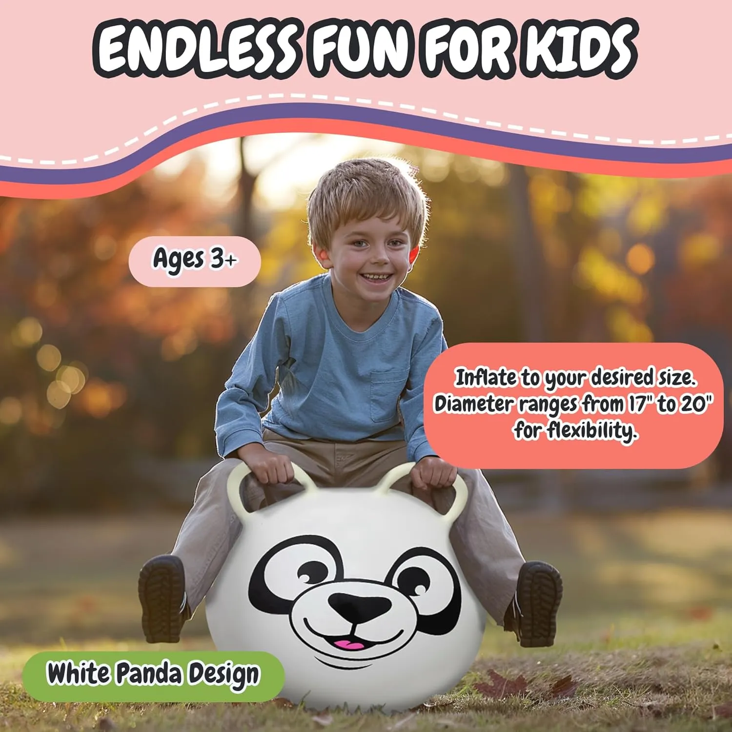 Forest & Twelfth Kids 20” Hopper Ball with 2 Handles – Inflatable Hopping Ball for Bouncing Fun – Multi-Function Jump Ball for Kids Ages 3  (White Panda)