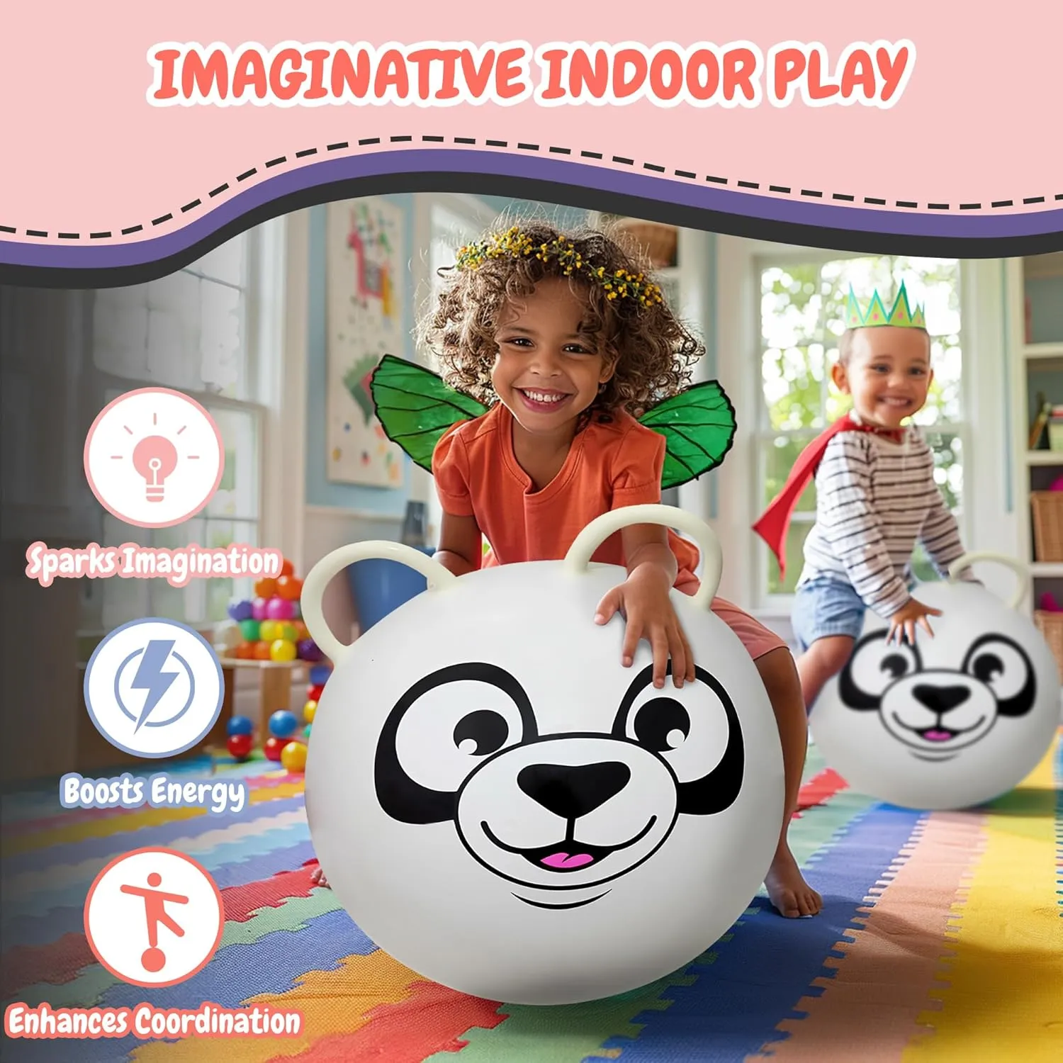 Forest & Twelfth Kids 20” Hopper Ball with 2 Handles – Inflatable Hopping Ball for Bouncing Fun – Multi-Function Jump Ball for Kids Ages 3  (White Panda)