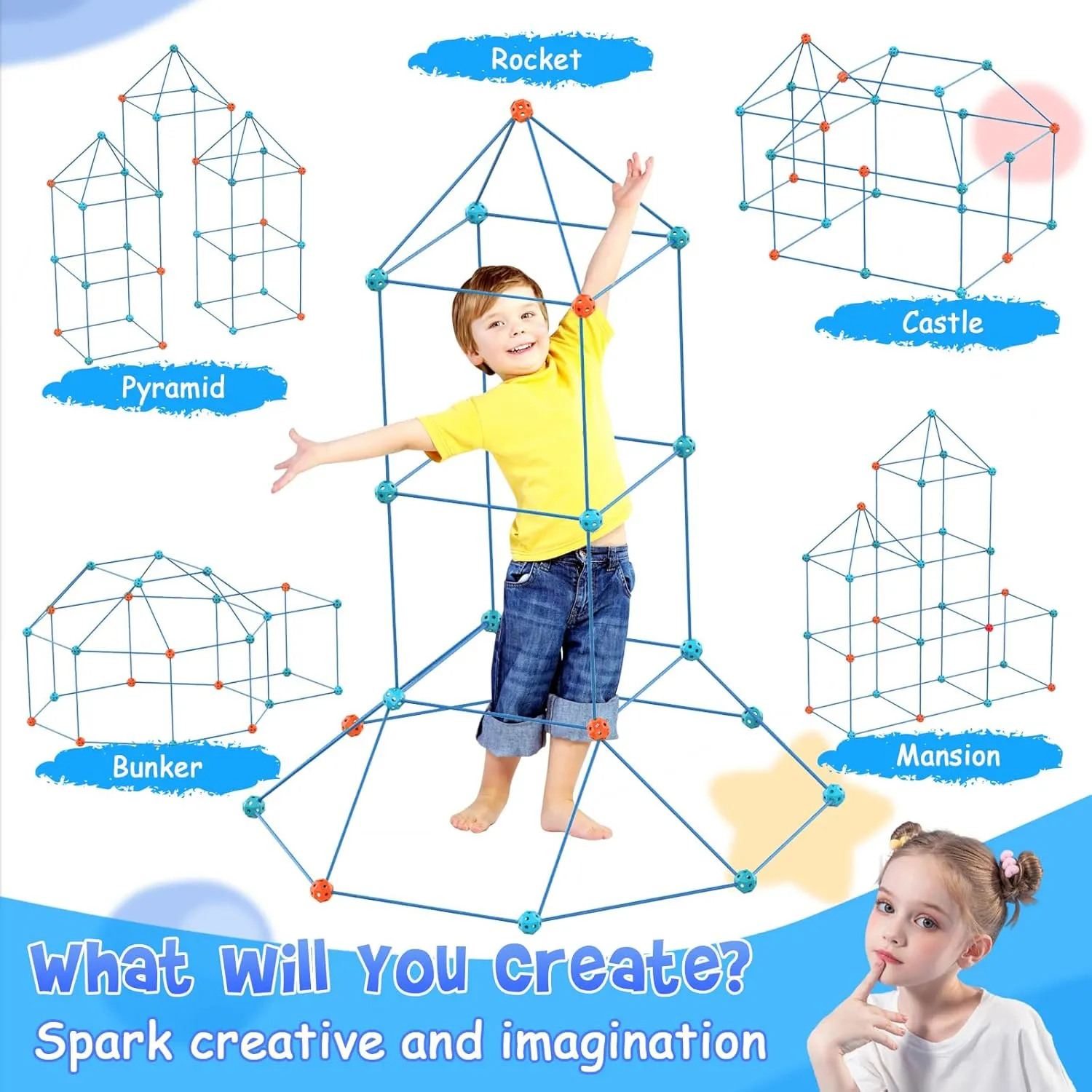 Fort Building Kit for Kids,155 Pcs Construction STEM Toys Indoor Outdoor, Educational Learning Gift for 3 4 5 6 7 8  Years Old Boys and Girls, Ultimate Creative Set for DIY Castles Tunnels Play Tent