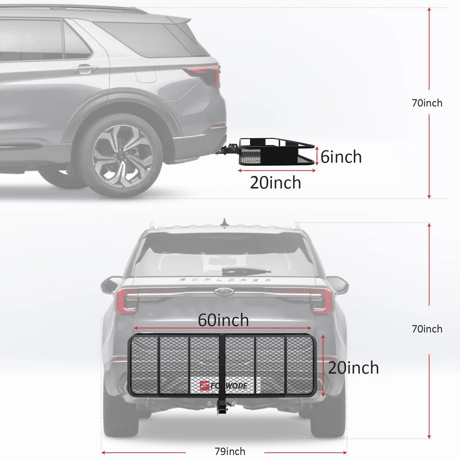 FORWODE 60" x 20" x 6" Folding Hitch Mount Cargo Carrier, 500 lbs Capacity Trailer Hitch Cargo Basket with Waterproof Bag and Net, Hitch Rack for 2" Receiver Car, SUV & Truck