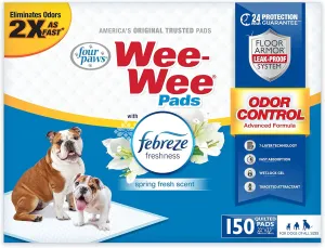 Four Paws Wee-Wee Odor Control with Febreze Freshness Pee Pads for Dogs & Puppies, Leak-Proof Dog Housebreaking Potty Training Floor Protection, Spring Fresh Scent, 22" x 23", 150 Count