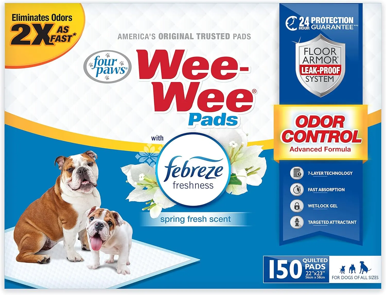 Four Paws Wee-Wee Odor Control with Febreze Freshness Pee Pads for Dogs & Puppies, Leak-Proof Dog Housebreaking Potty Training Floor Protection, Spring Fresh Scent, 22" x 23", 150 Count