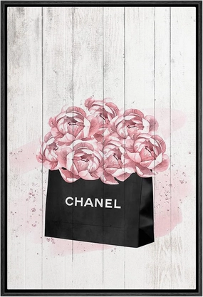 Framed Canvas Print Wall Art Parisian Fashion Bag with Pink Roses on Wood Panels Floral Plants Illustrations Modern Art Chic Colorful for Living Room, Bedroom, Office - 16"x24" Black