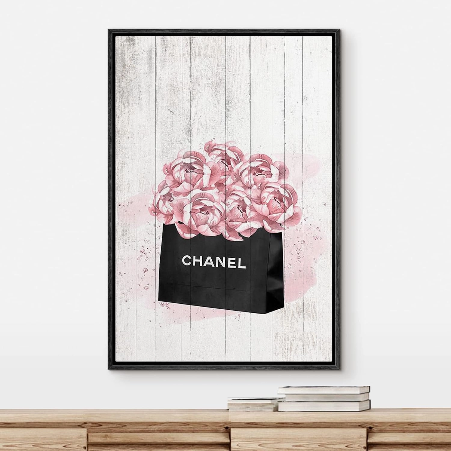 Framed Canvas Print Wall Art Parisian Fashion Bag with Pink Roses on Wood Panels Floral Plants Illustrations Modern Art Chic Colorful for Living Room, Bedroom, Office - 16"x24" Black