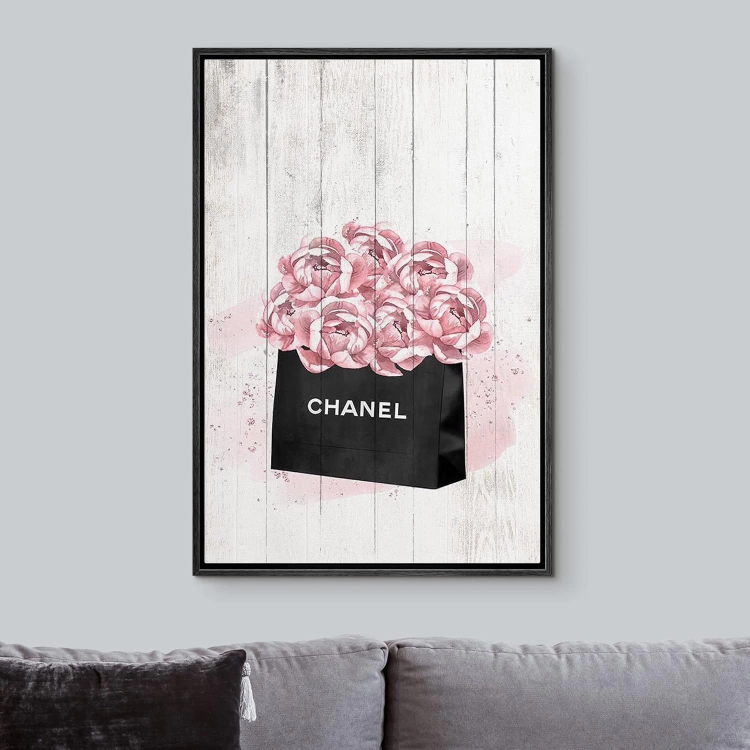 Framed Canvas Print Wall Art Parisian Fashion Bag with Pink Roses on Wood Panels Floral Plants Illustrations Modern Art Chic Colorful for Living Room, Bedroom, Office - 16"x24" Black