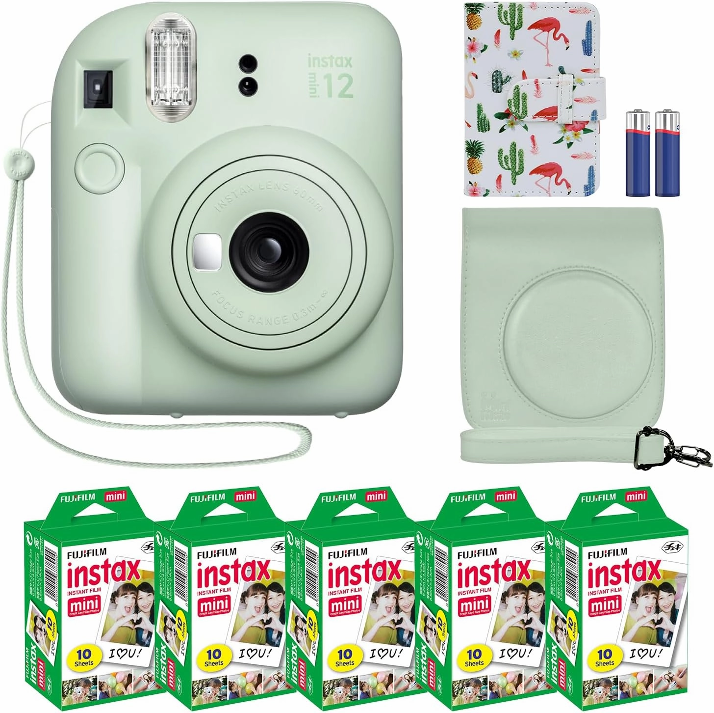 Fujifilm Instax Mini 12 Instant Camera   MiniMate Accessory Bundle & Compatible Custom Case   Fuji Instax Film Value Pack (50 Sheets) Flamingo Designer Photo Album (Mint Green)