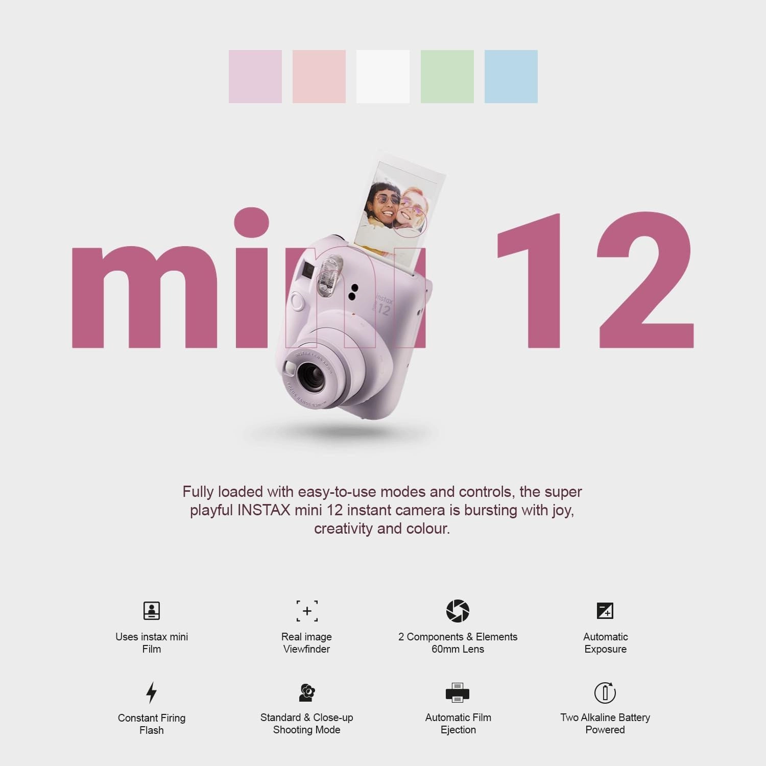 Fujifilm Instax Mini 12 Instant Camera   MiniMate Accessory Bundle & Compatible Custom Case   Fuji Instax Film Value Pack (50 Sheets) Flamingo Designer Photo Album (Mint Green)