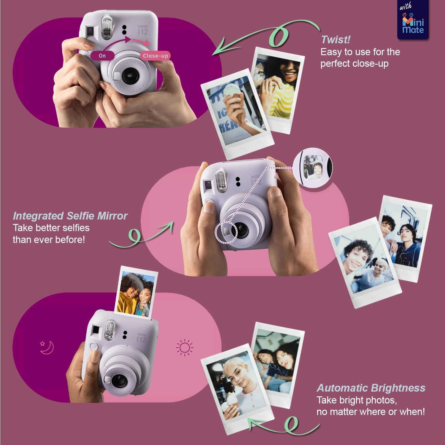 Fujifilm Instax Mini 12 Instant Camera   MiniMate Accessory Bundle & Compatible Custom Case   Fuji Instax Film Value Pack (50 Sheets) Flamingo Designer Photo Album (Mint Green)