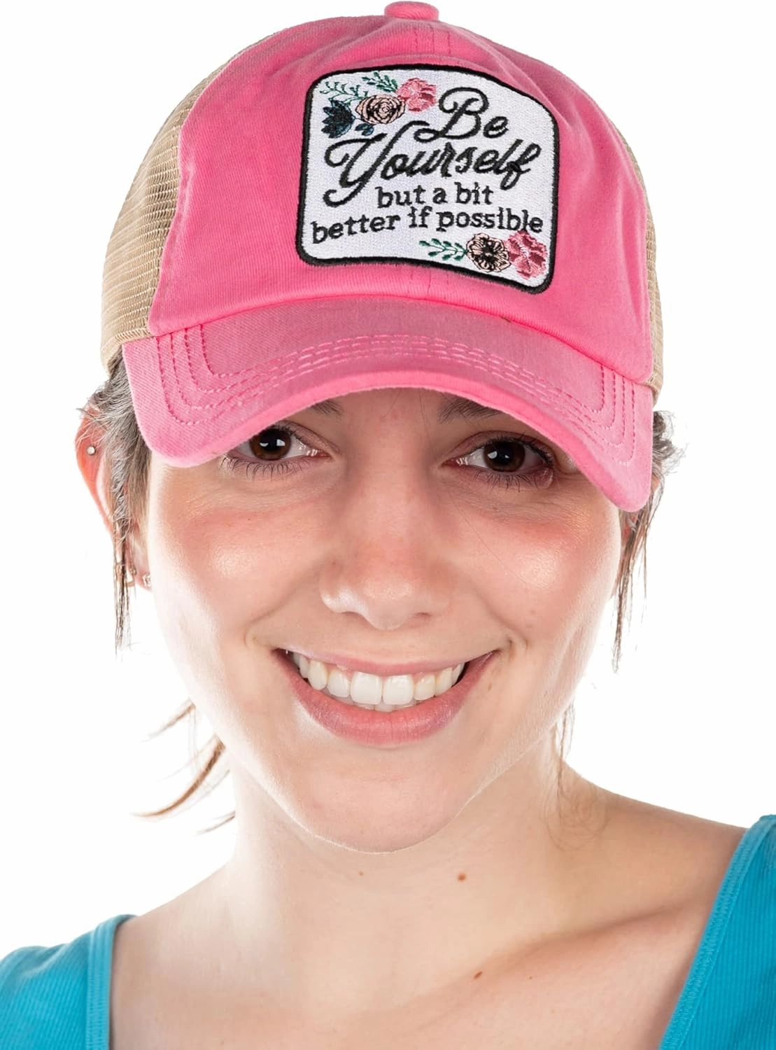 Funky Junque Women's Distressed Ponytail Mesh Trucker Cap - Criss Cross Elastic Bands