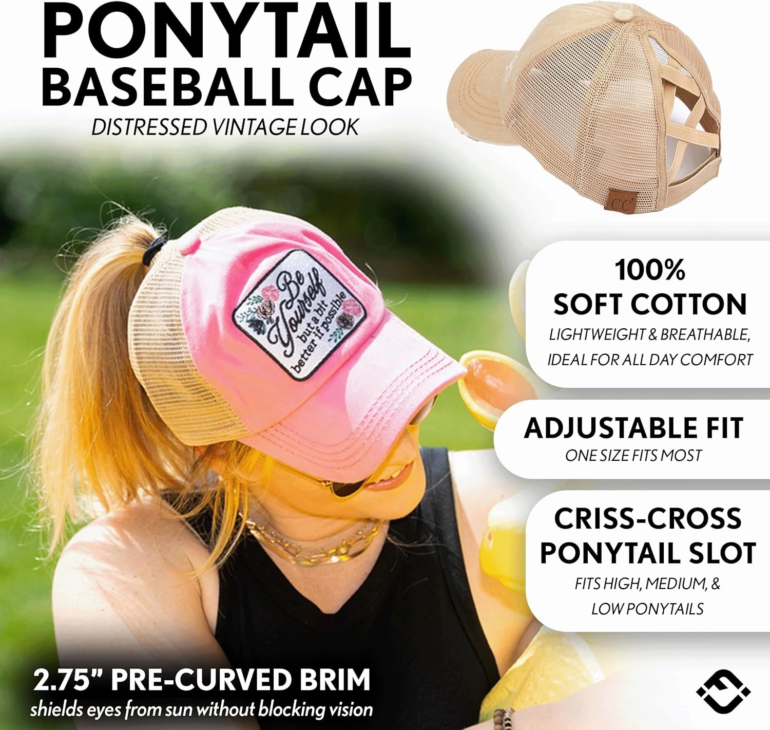 Funky Junque Women's Distressed Ponytail Mesh Trucker Cap - Criss Cross Elastic Bands