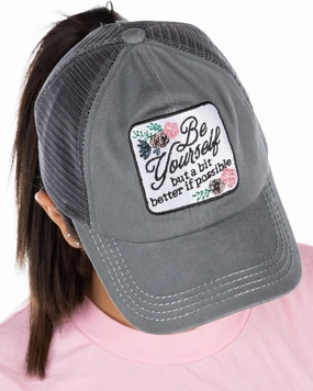 Funky Junque Women's Distressed Ponytail Mesh Trucker Cap - Criss Cross Elastic Bands