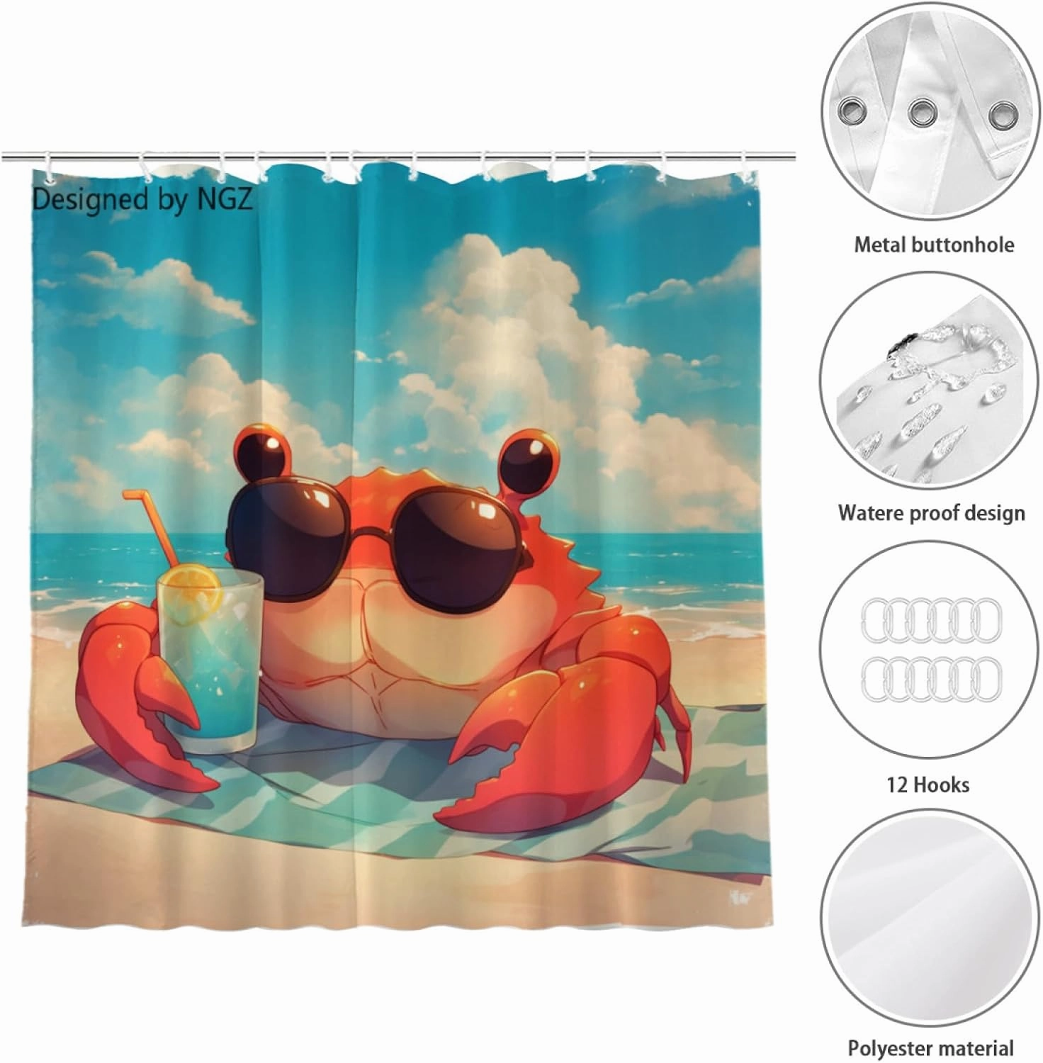 Funny Crab Blue Shower Curtain, Colorful Lemon Yellow Curtain, 72x72 Inches Shower Curtains for Bathroom, Snow Fabric Bath Curtains Set with 12 Hooks