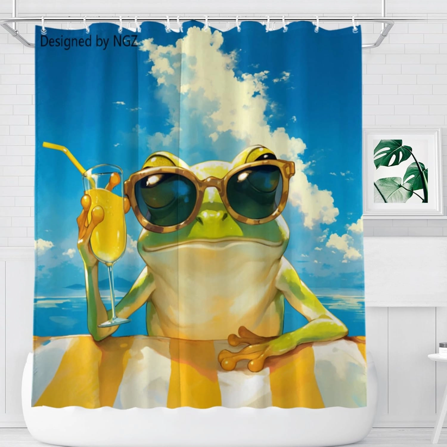 Funny Frog Blue Shower Curtain, Colorful Lemon Yellow Curtain, 72x72 Inches Shower Curtains for Bathroom, Snow Fabric Bath Curtains Set with 12 Hooks