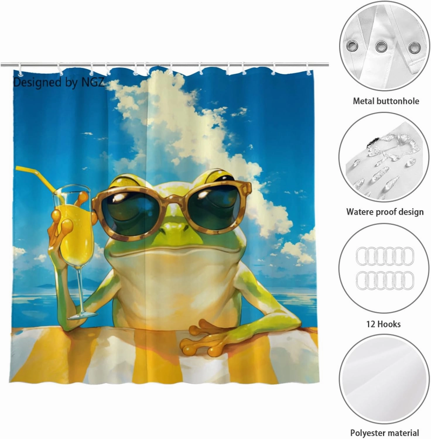 Funny Frog Blue Shower Curtain, Colorful Lemon Yellow Curtain, 72x72 Inches Shower Curtains for Bathroom, Snow Fabric Bath Curtains Set with 12 Hooks