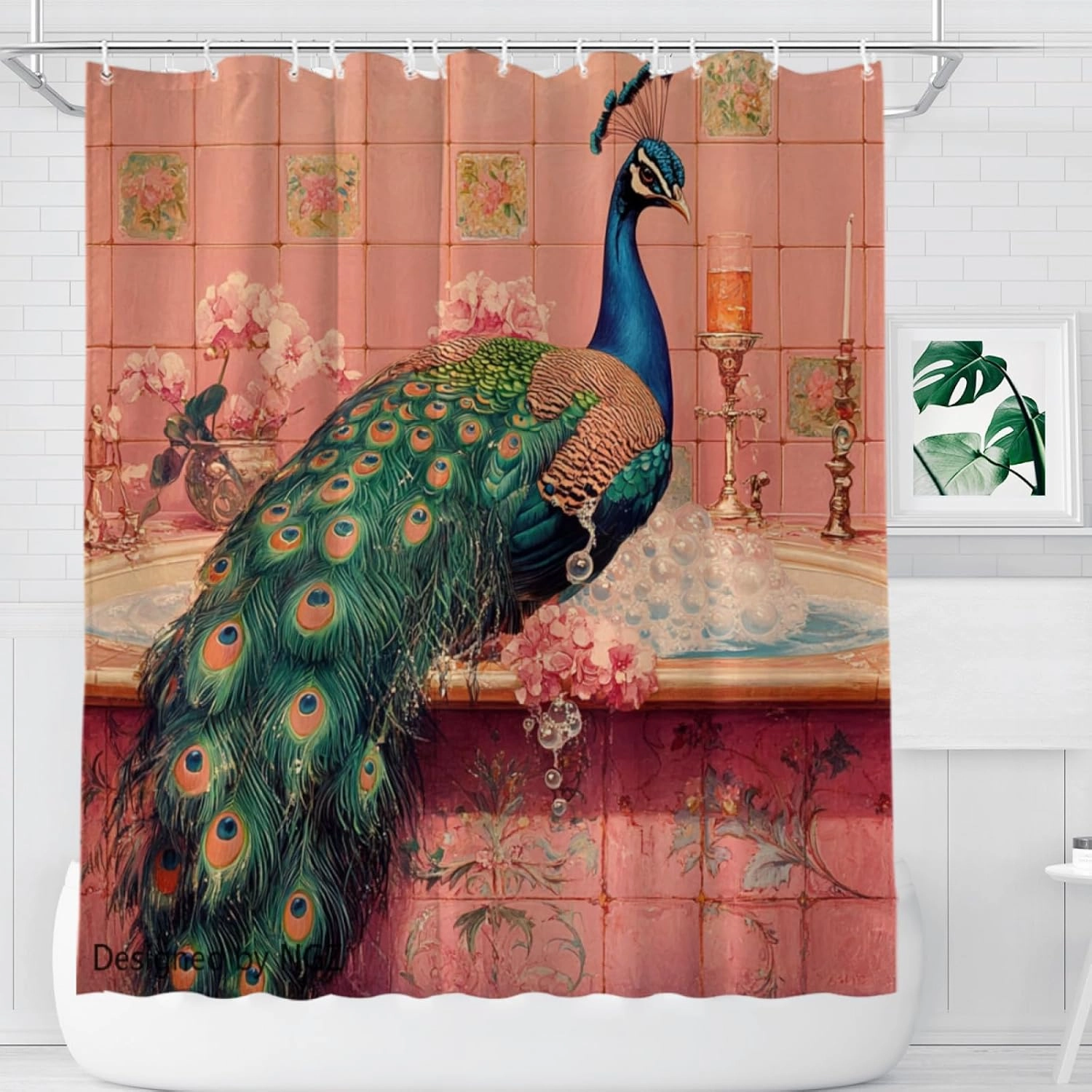 Funny Peacock Shower Curtain, SPA Peacock with Wine, Pink Shower Curtain, 72x72 Inches Floral Shower Curtains for Bathroom, Bath Curtains Set with 12 Hooks