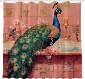 Funny Peacock Shower Curtain, SPA Peacock with Wine, Pink Shower Curtain, 72x72 Inches Floral Shower Curtains for Bathroom, Bath Curtains Set with 12 Hooks