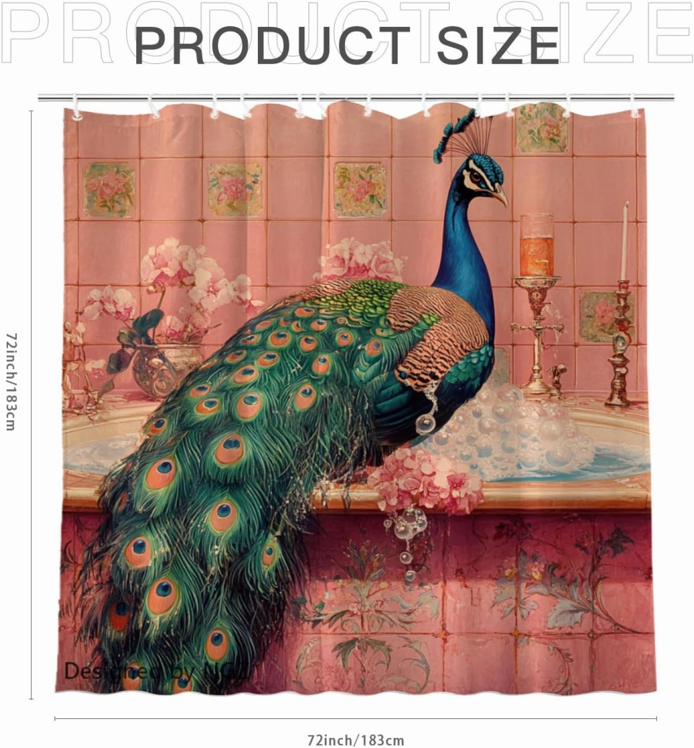 Funny Peacock Shower Curtain, SPA Peacock with Wine, Pink Shower Curtain, 72x72 Inches Floral Shower Curtains for Bathroom, Bath Curtains Set with 12 Hooks