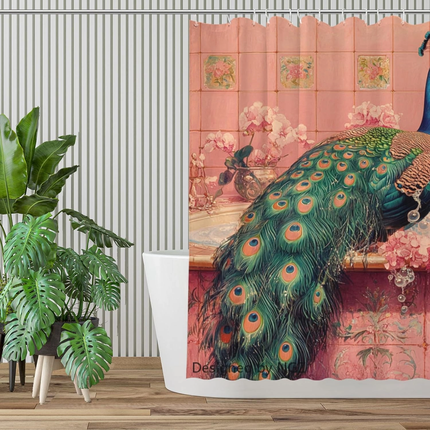 Funny Peacock Shower Curtain, SPA Peacock with Wine, Pink Shower Curtain, 72x72 Inches Floral Shower Curtains for Bathroom, Bath Curtains Set with 12 Hooks