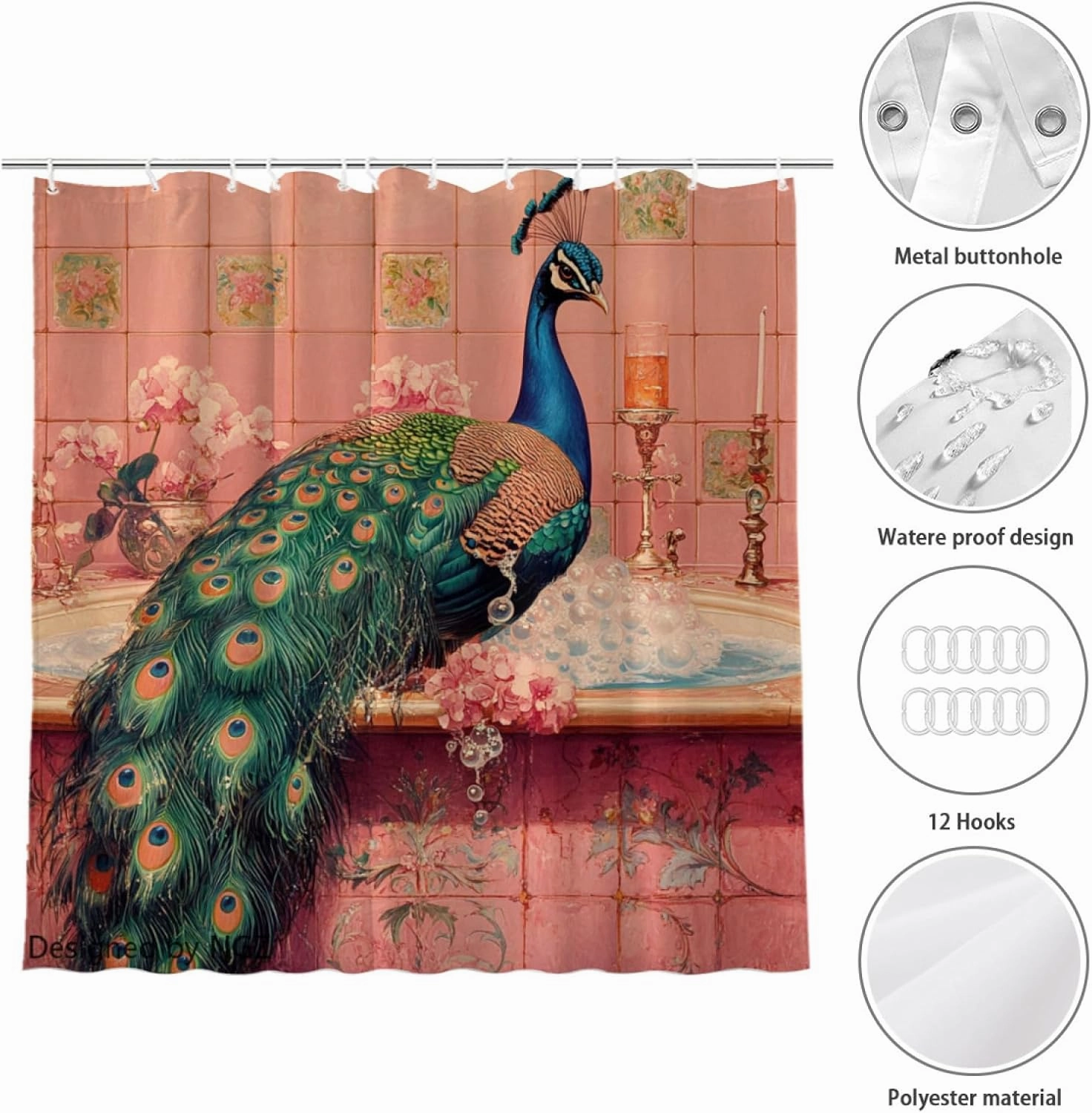 Funny Peacock Shower Curtain, SPA Peacock with Wine, Pink Shower Curtain, 72x72 Inches Floral Shower Curtains for Bathroom, Bath Curtains Set with 12 Hooks