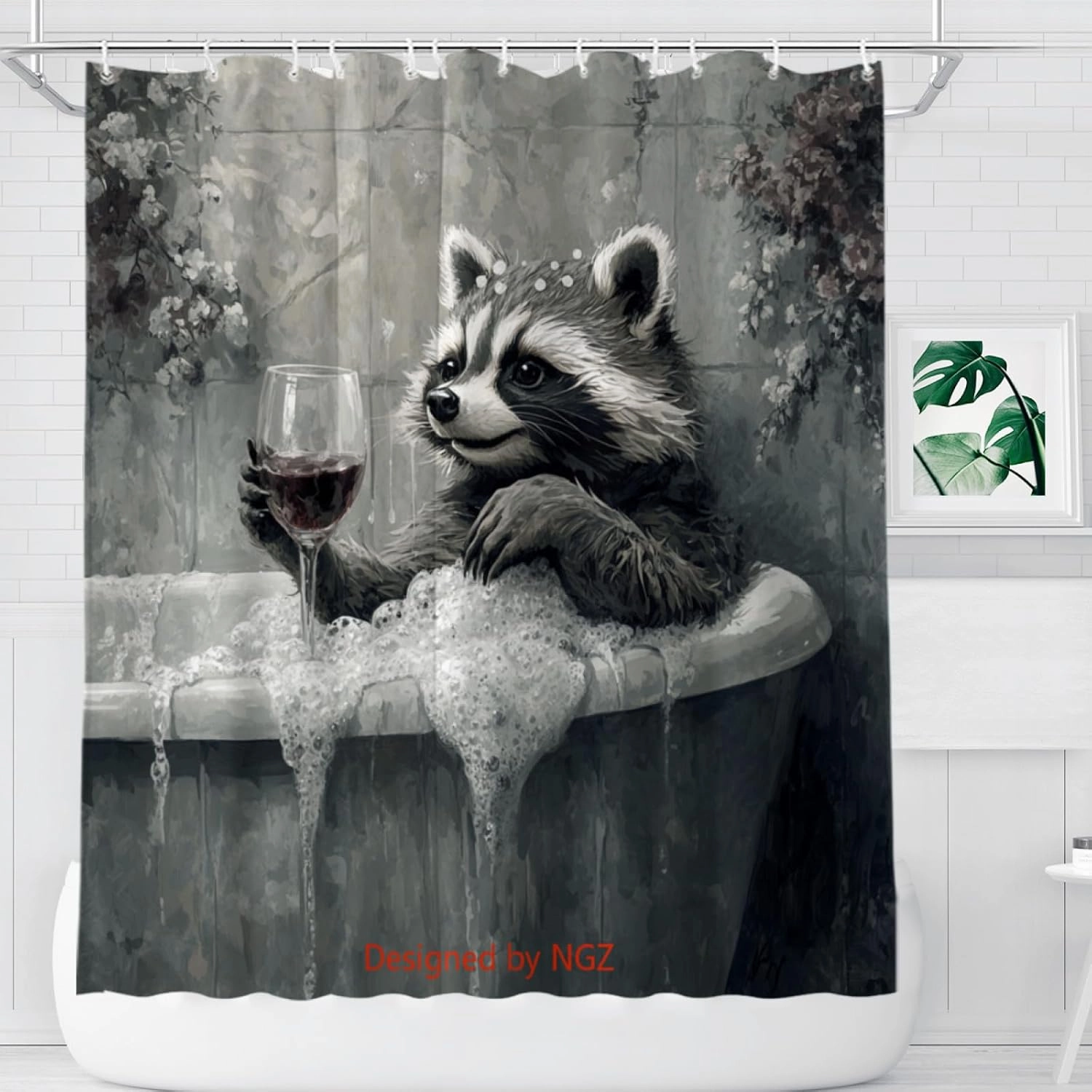 Funny Raccoon Shower Curtain, SPA Raccoon with Wine, Grey Shower Curtain, 72x72 Inches Floral Shower Curtains for Bathroom, Bath Curtains Set with 12 Hooks
