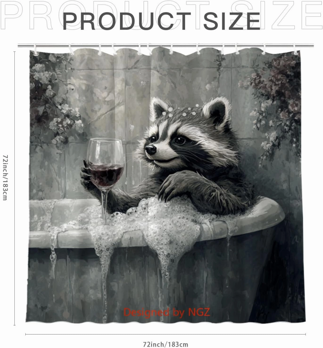 Funny Raccoon Shower Curtain, SPA Raccoon with Wine, Grey Shower Curtain, 72x72 Inches Floral Shower Curtains for Bathroom, Bath Curtains Set with 12 Hooks