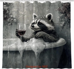 Funny Raccoon Shower Curtain, SPA Raccoon with Wine, Grey Shower Curtain, 72x72 Inches Floral Shower Curtains for Bathroom, Bath Curtains Set with 12 Hooks