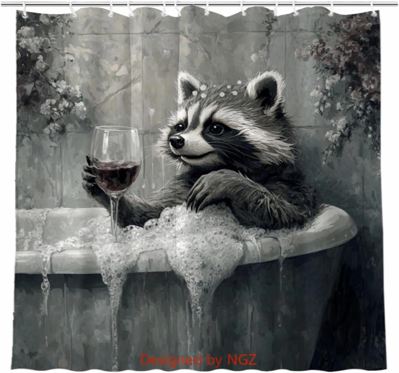 Funny Raccoon Shower Curtain, SPA Raccoon with Wine, Grey Shower Curtain, 72x72 Inches Floral Shower Curtains for Bathroom, Bath Curtains Set with 12 Hooks