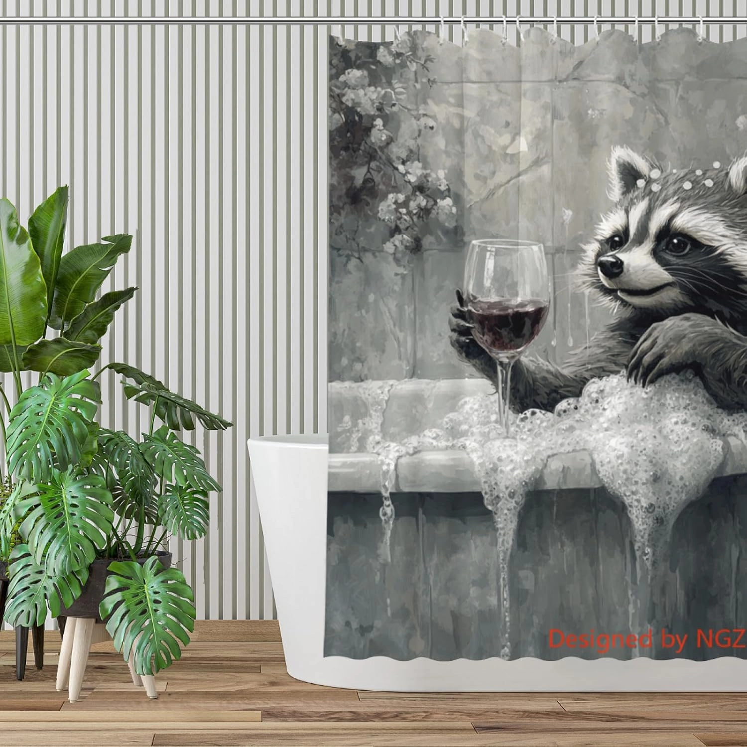 Funny Raccoon Shower Curtain, SPA Raccoon with Wine, Grey Shower Curtain, 72x72 Inches Floral Shower Curtains for Bathroom, Bath Curtains Set with 12 Hooks